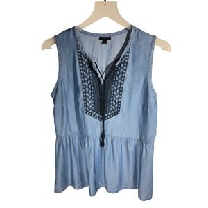Talbots Womens Blue Embroidered Lyocell Chambray Peplum Sleeveless Top Small